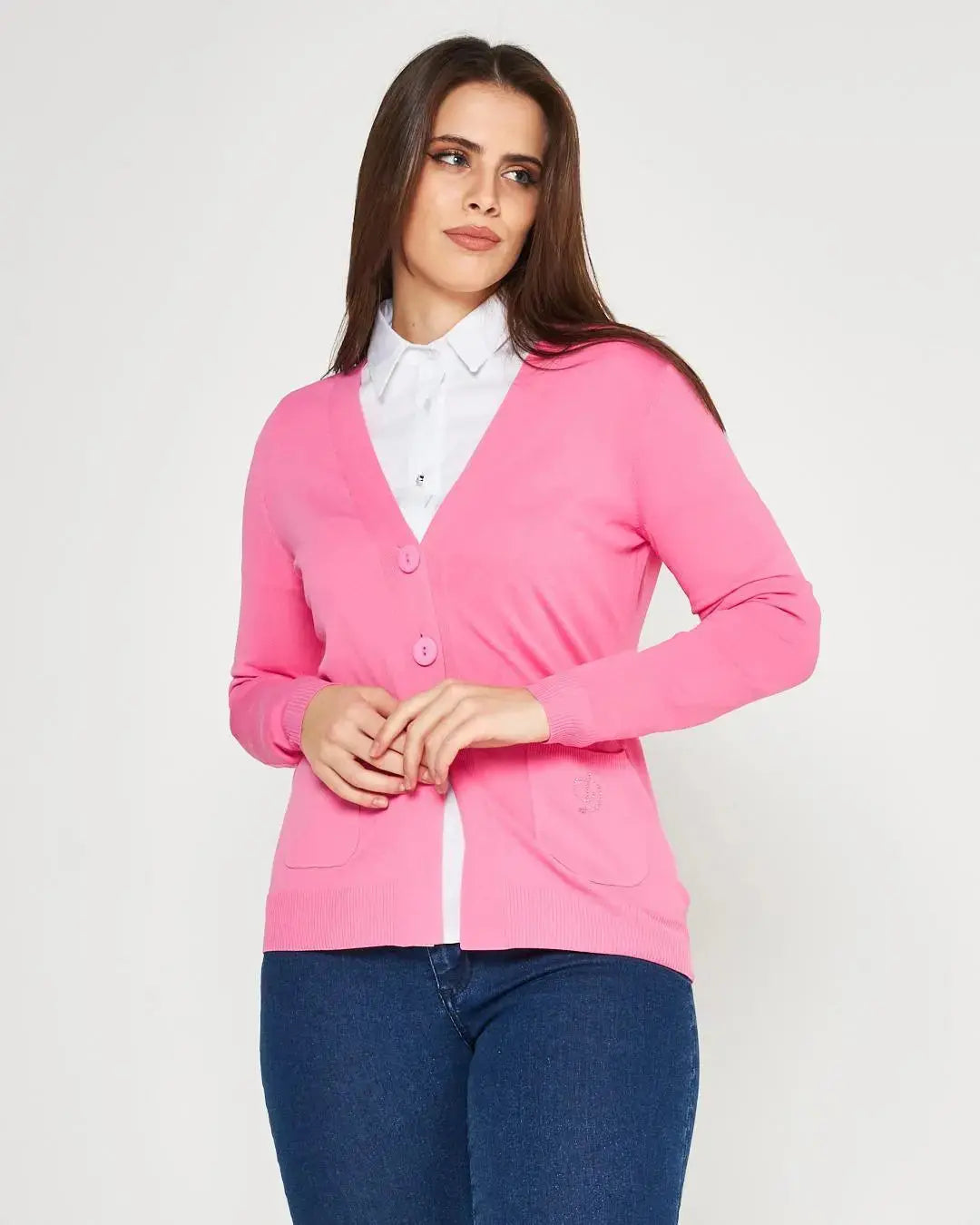 Cardigan scollo a V in maglia di misto viscosa con logo in strass. DORABELLA