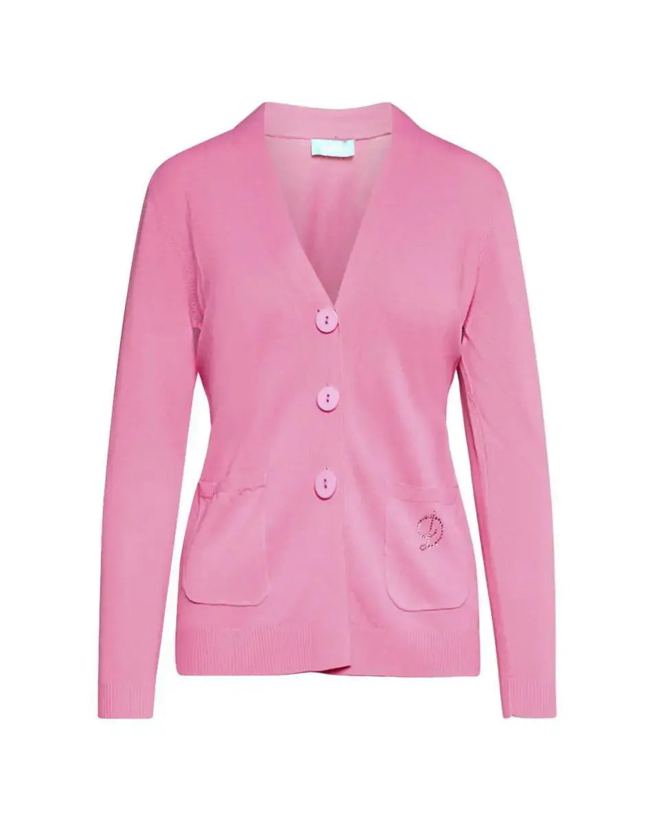 Cardigan scollo a V in maglia di misto viscosa con logo in strass. DORABELLA