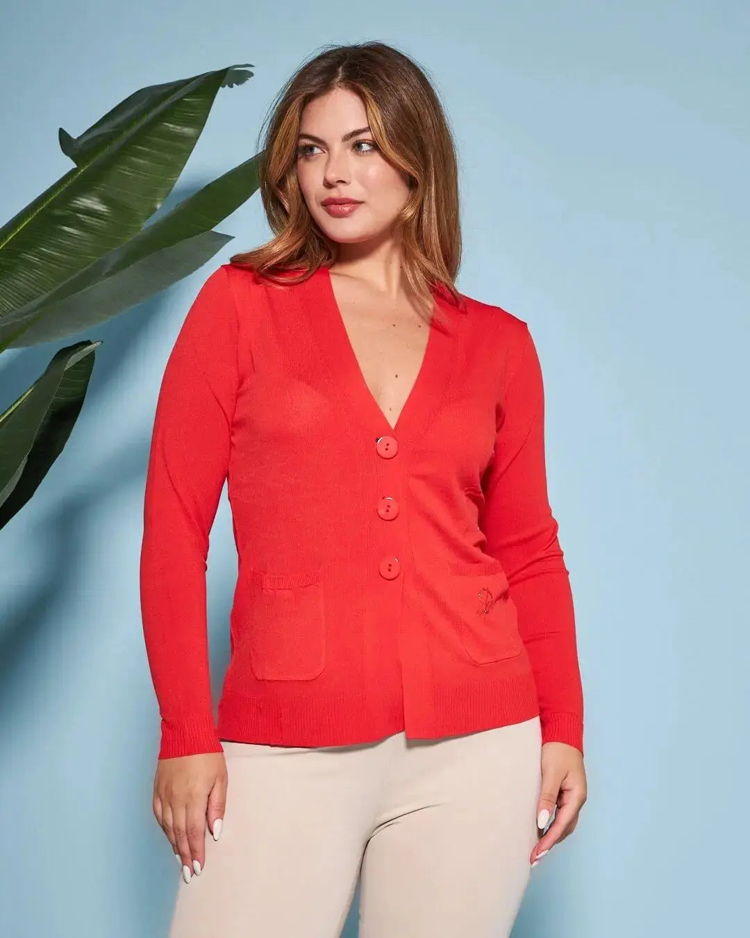 Cardigan scollo a V in maglia di misto viscosa con logo in strass. PAPAVERO DORABELLA