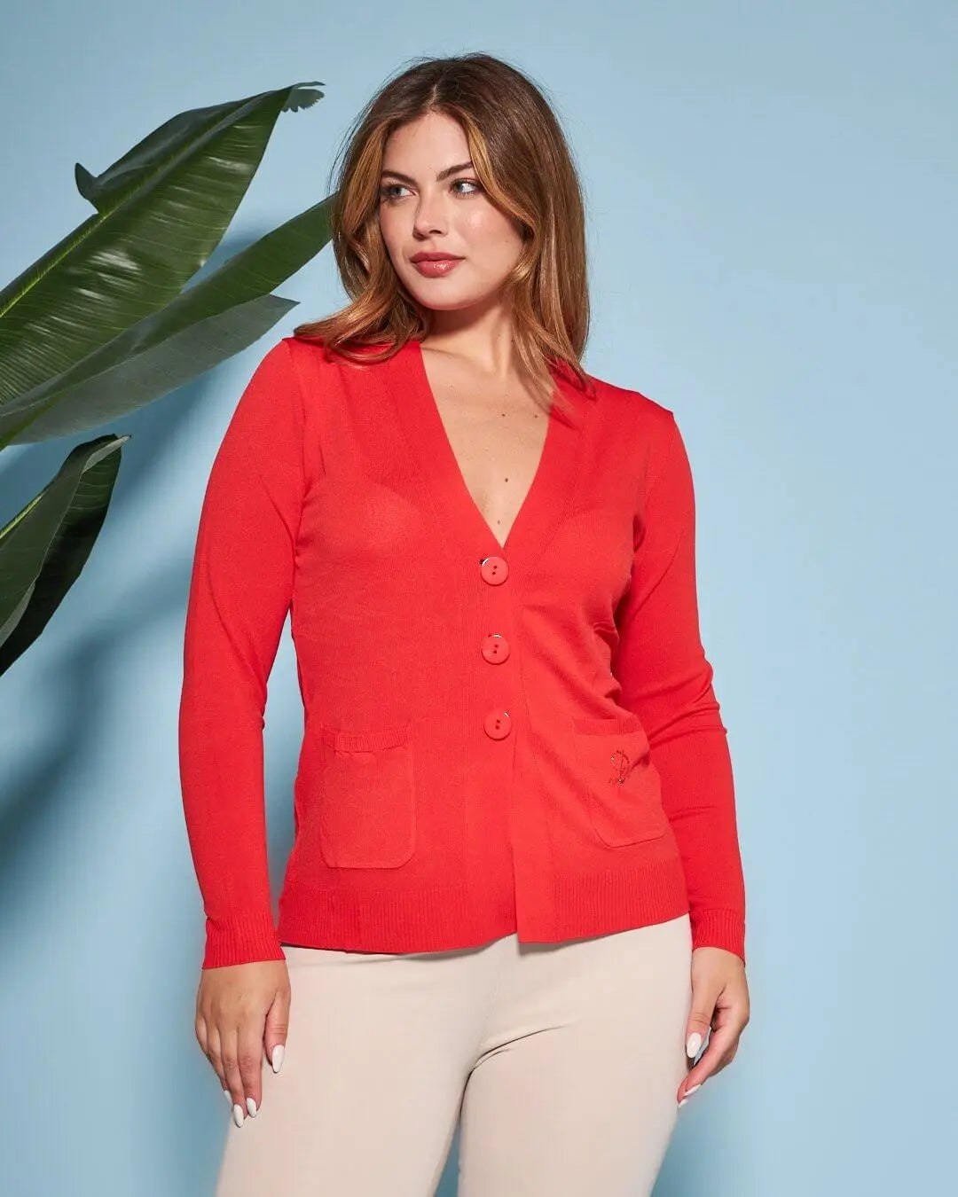 Cardigan scollo a V in maglia di misto viscosa con logo in strass. PAPAVERO DORABELLA