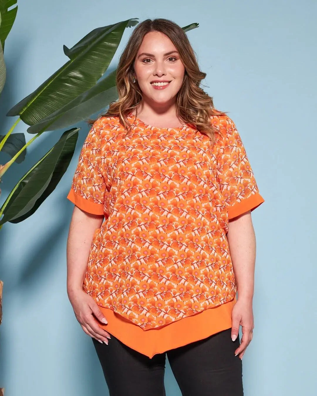 Casacca combinata in georgette con fantasia multicolore e jersey elasticizzato tinta unita. ARANCIO DORABELLA PIU'