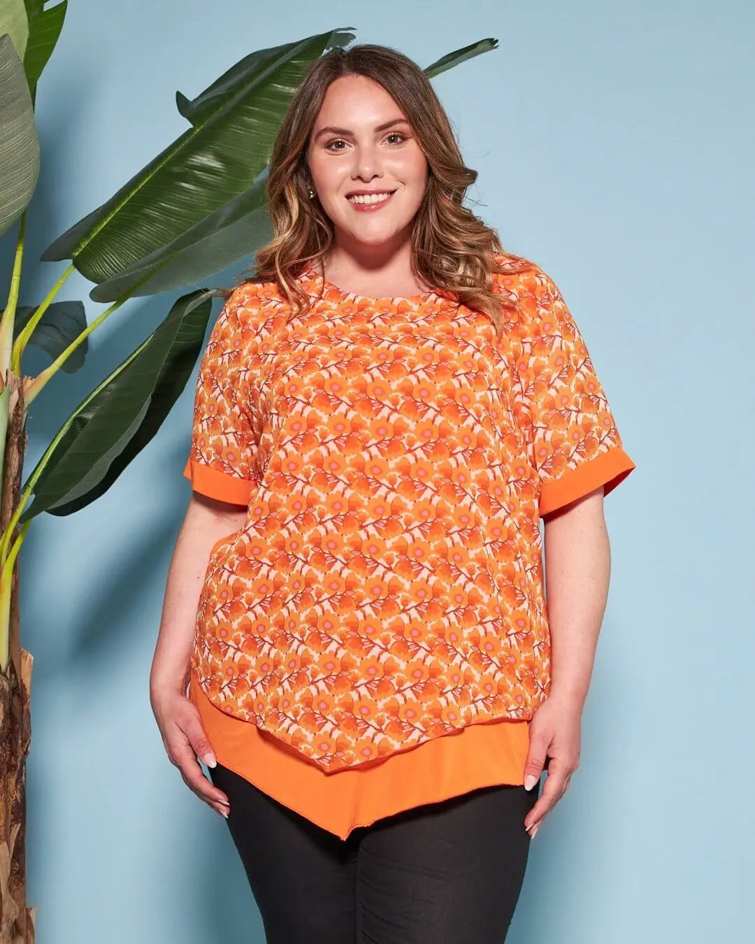 Casacca combinata in georgette con fantasia multicolore e jersey elasticizzato tinta unita. ARANCIO DORABELLA PIU'