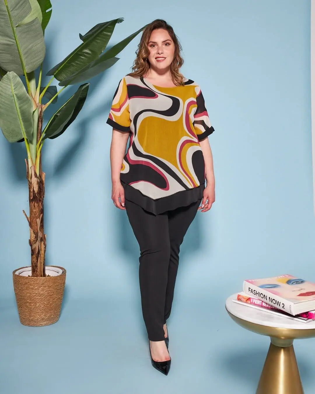 Casacca combinata in georgette con fantasia multicolore e jersey elasticizzato tinta unita. NERO-GIALLO DORABELLA PIU'