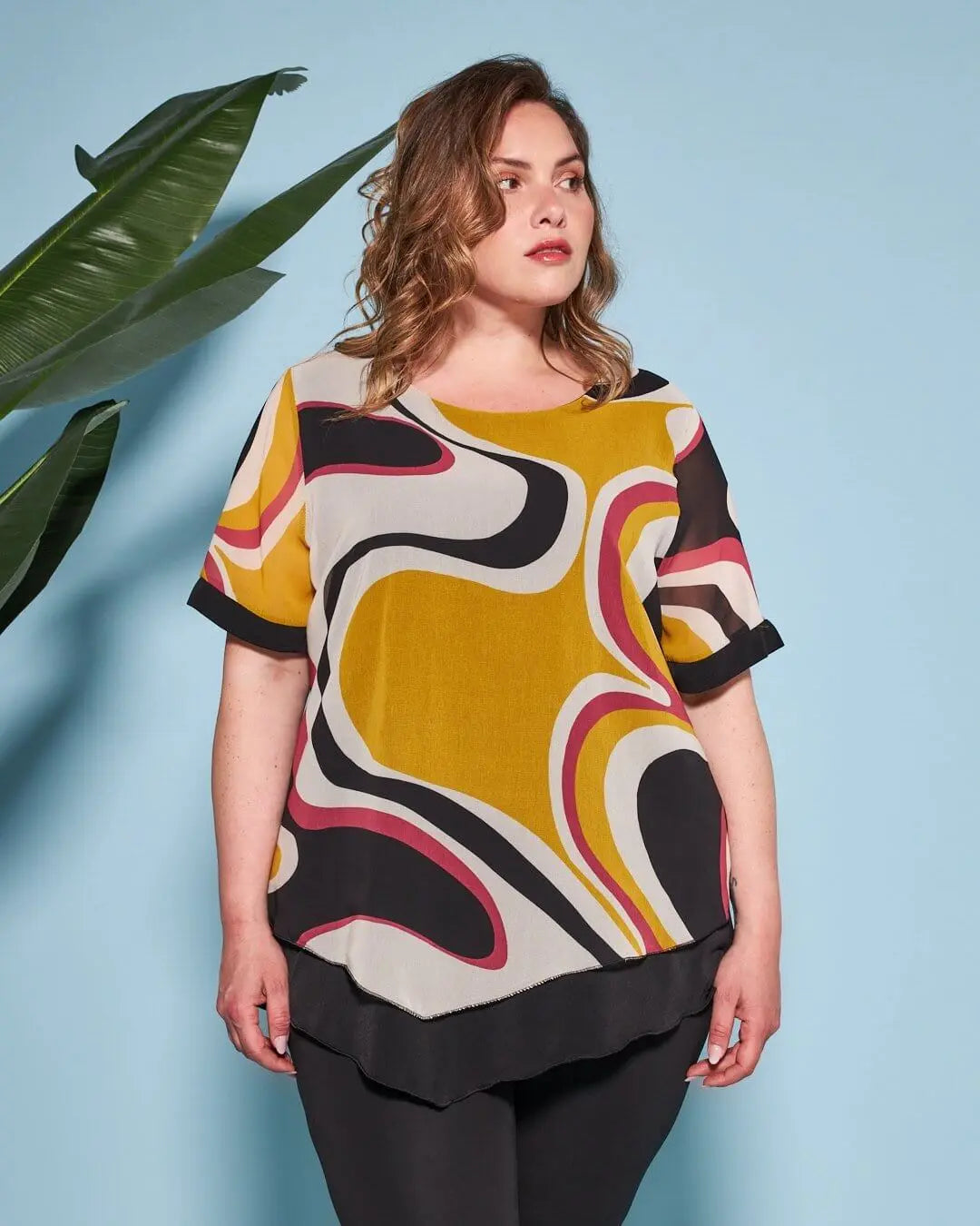 Casacca combinata in georgette con fantasia multicolore e jersey elasticizzato tinta unita. NERO-GIALLO DORABELLA PIU'