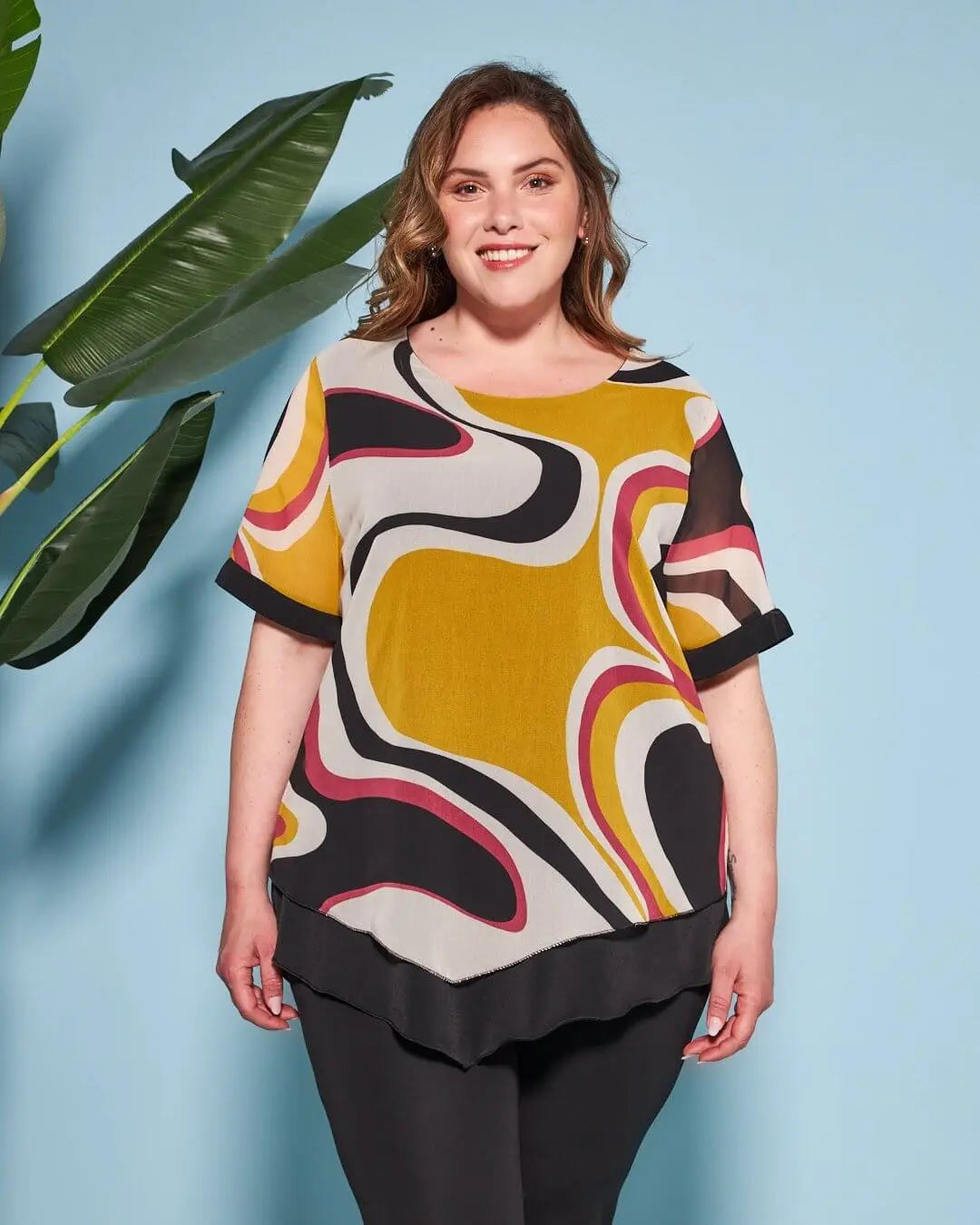 Casacca combinata in georgette con fantasia multicolore e jersey elasticizzato tinta unita. NERO-GIALLO DORABELLA PIU'