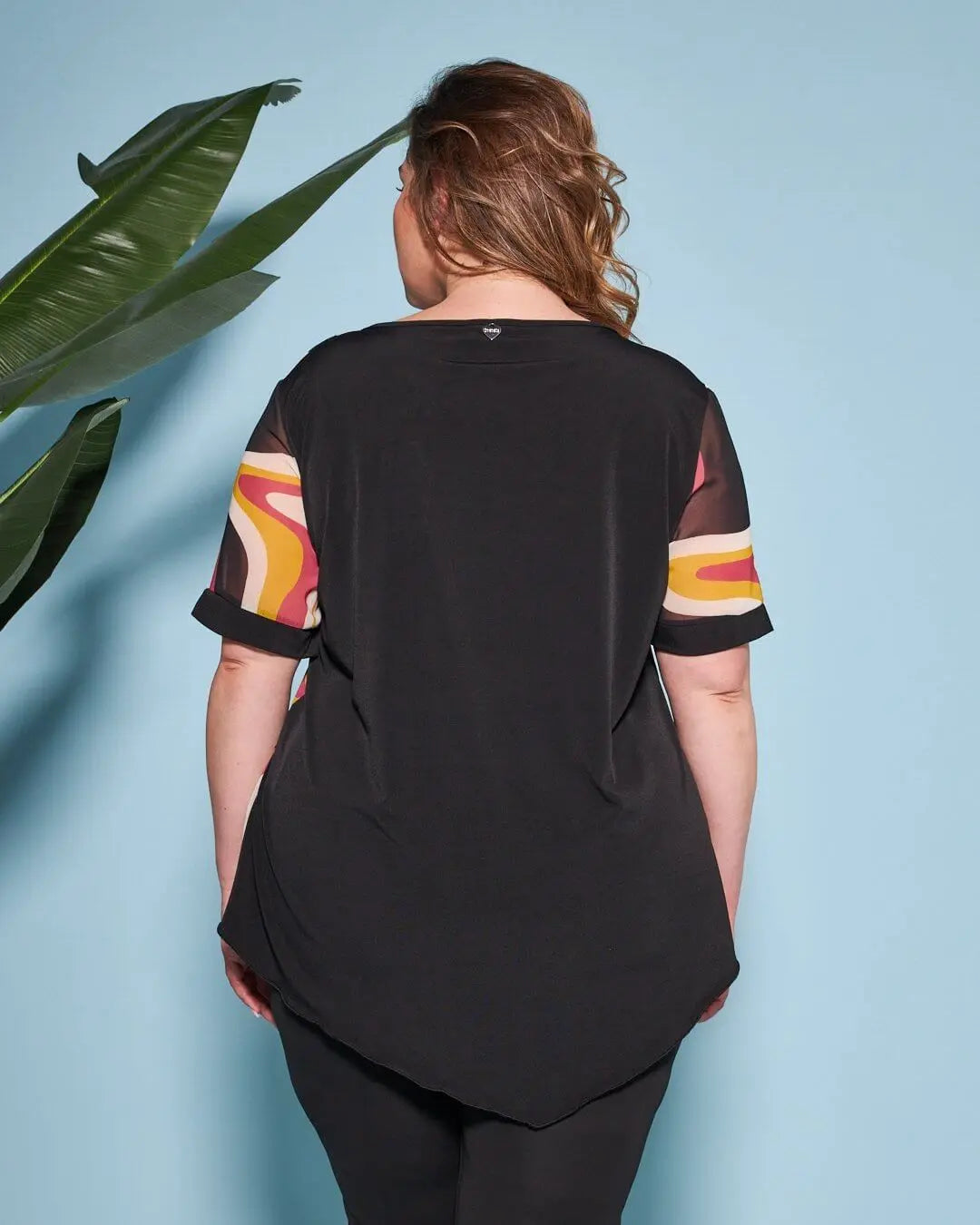 Casacca combinata in georgette con fantasia multicolore e jersey elasticizzato tinta unita. NERO-GIALLO DORABELLA PIU'