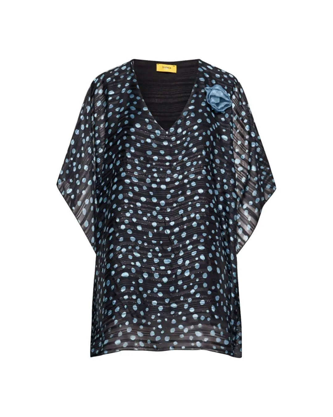 Casacca con scollo a V in georgette a fantasia con spilla a forma di rosa in tessuto lurex. AZZURRO DORABELLA PIU' 47