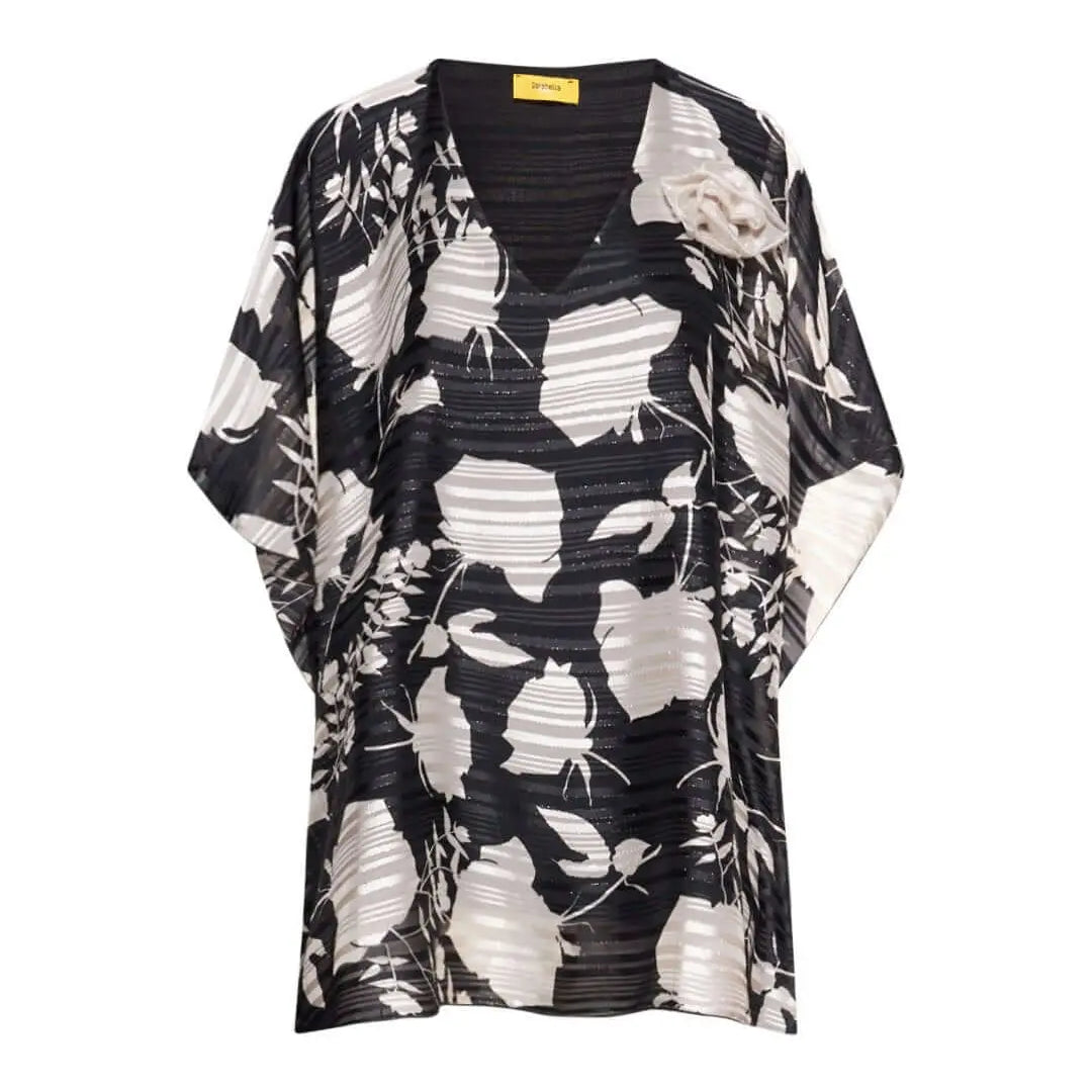 Casacca con scollo a V in georgette a fantasia con spilla a forma di rosa in tessuto lurex. BIANCO-NERO DORABELLA PIU' 47