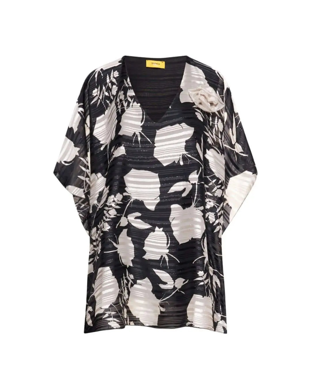 Casacca con scollo a V in georgette a fantasia con spilla a forma di rosa in tessuto lurex. BIANCO-NERO DORABELLA PIU' 47