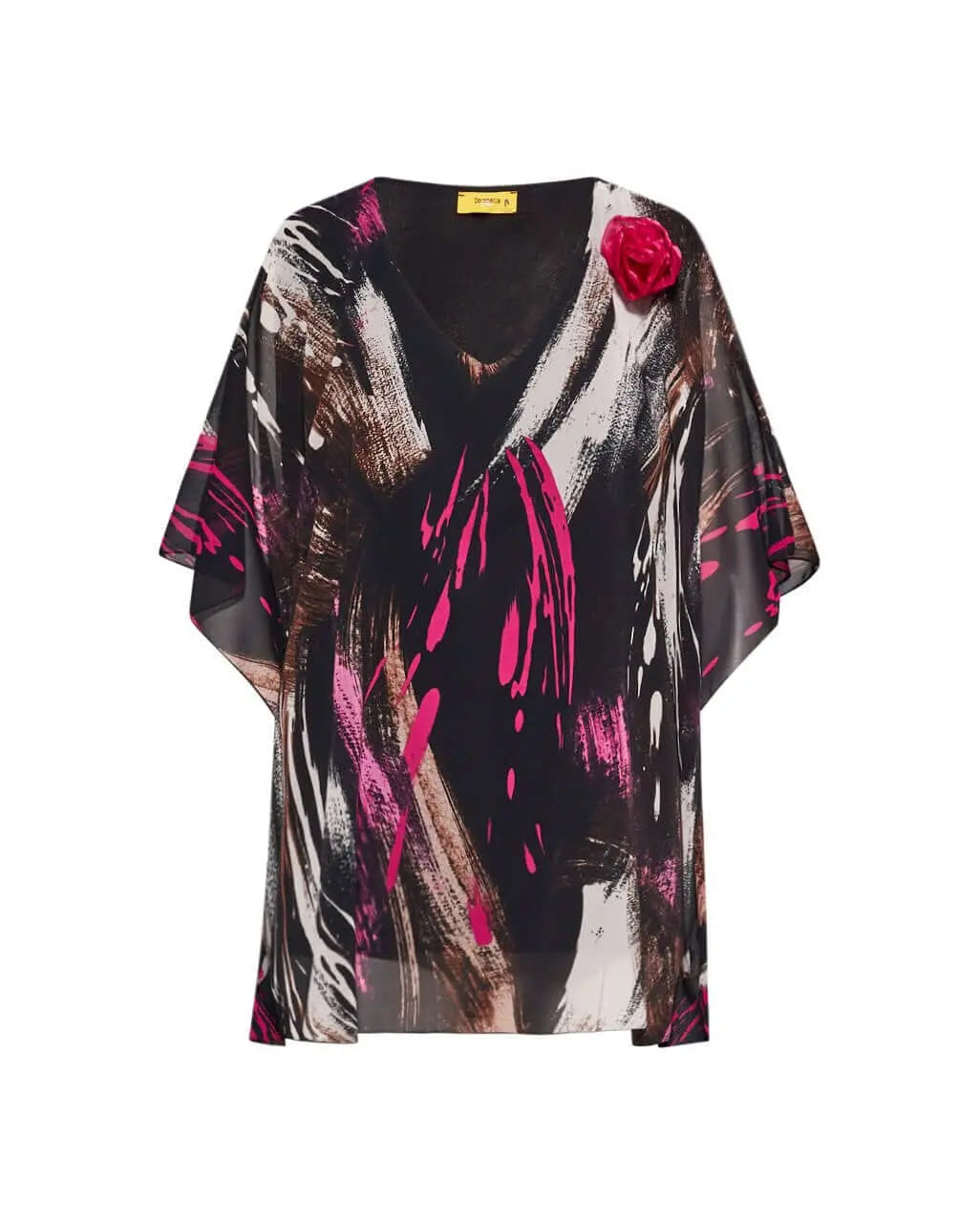 Casacca con scollo a V in georgette a fantasia con spilla a forma di rosa in tessuto lurex. FUXIA DORABELLA PIU' 47