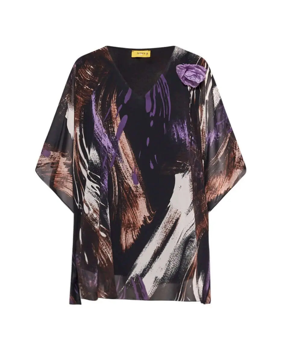 Casacca con scollo a V in georgette a fantasia con spilla a forma di rosa in tessuto lurex. LILLA DORABELLA PIU' 47