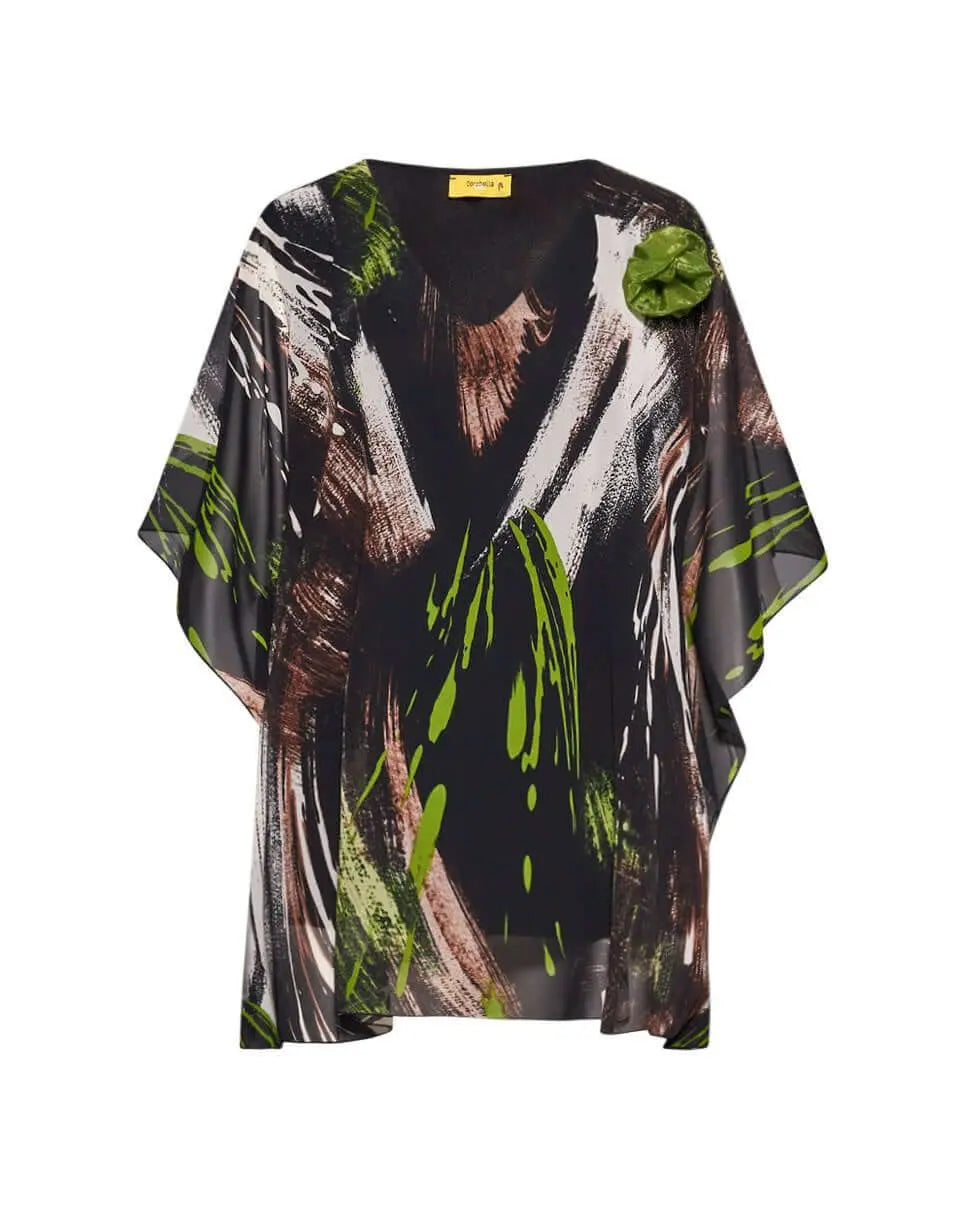 Casacca con scollo a V in georgette a fantasia con spilla a forma di rosa in tessuto lurex. LIME DORABELLA PIU' 47