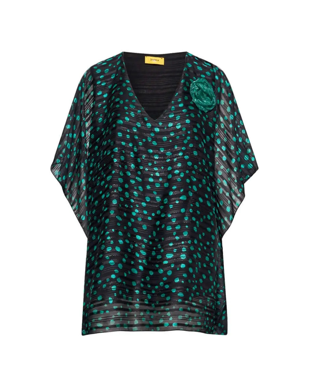 Casacca con scollo a V in georgette a fantasia con spilla a forma di rosa in tessuto lurex. VERDE DORABELLA PIU' 47