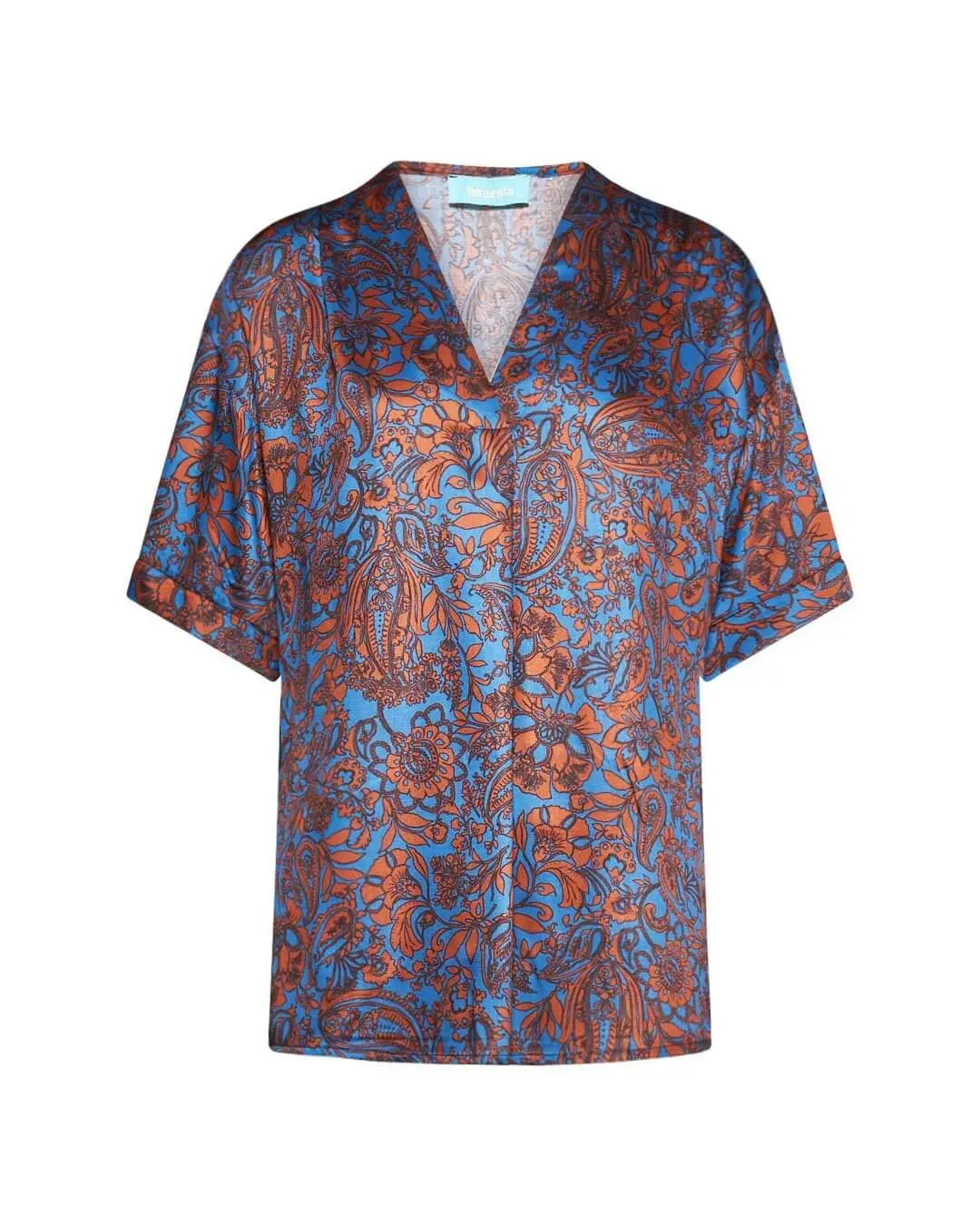 Casacca con scollo a V in raso di viscosa con fantasia multicolore. TABACCO-BLU DORABELLA XXL