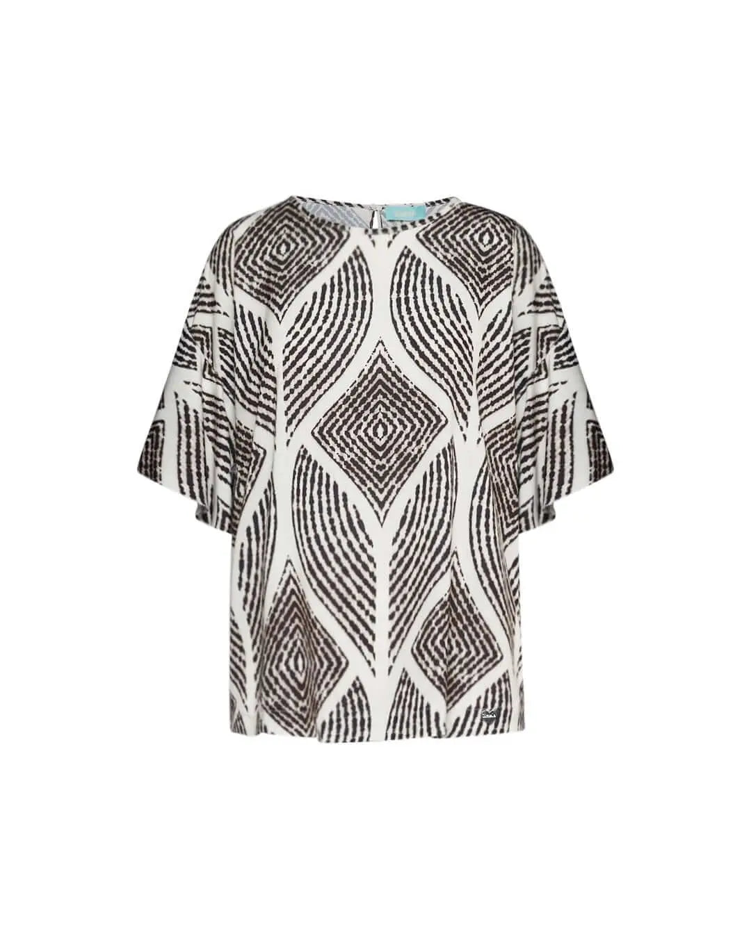 Casacca girocollo in georgette con fantasia multicolore e maniche kimono con volant. PANNA DORABELLA