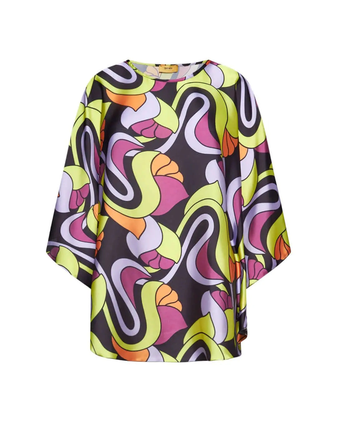 Casacca girocollo in raso con fantasia floreale multicolore e maniche kimono. LILLA DORABELLA PIU' 47