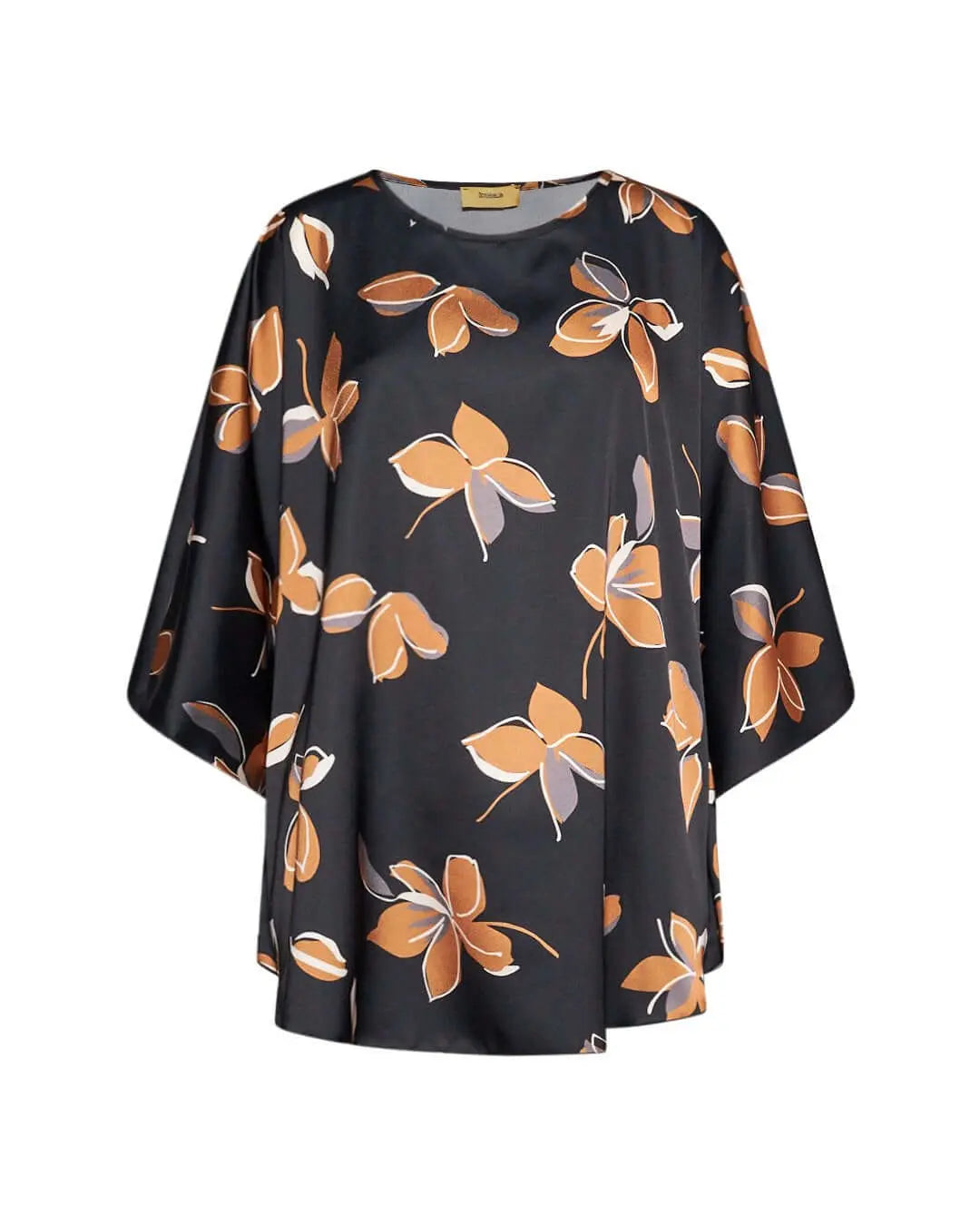 Casacca girocollo in raso con fantasia floreale multicolore e maniche kimono. NERO DORABELLA PIU' 47