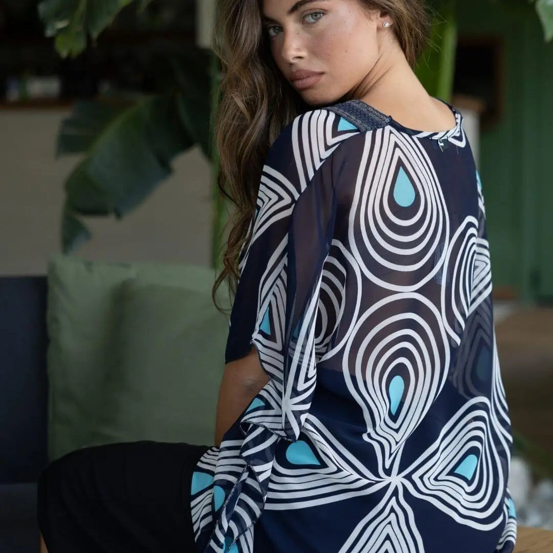 Casacca in georgette con fantasia multicolore e scollo a V in pizzo crochet con paillettes. DENIM DORABELLA XXXL