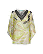 Casacca in georgette con fantasia multicolore e scollo a V in pizzo crochet con paillettes. GIALLO DORABELLA