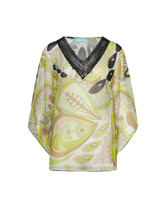 Casacca in georgette con fantasia multicolore e scollo a V in pizzo crochet con paillettes. GIALLO DORABELLA