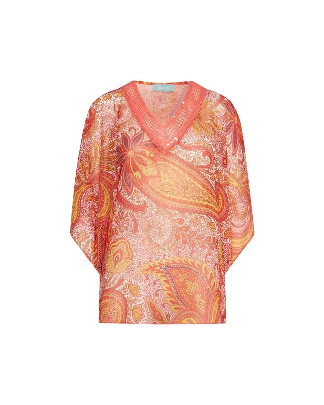 Casacca in georgette con fantasia multicolore e scollo a V in pizzo crochet con paillettes. PAPAVERO DORABELLA