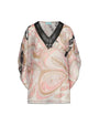 Casacca in georgette con fantasia multicolore e scollo a V in pizzo crochet con paillettes. ROSA DORABELLA