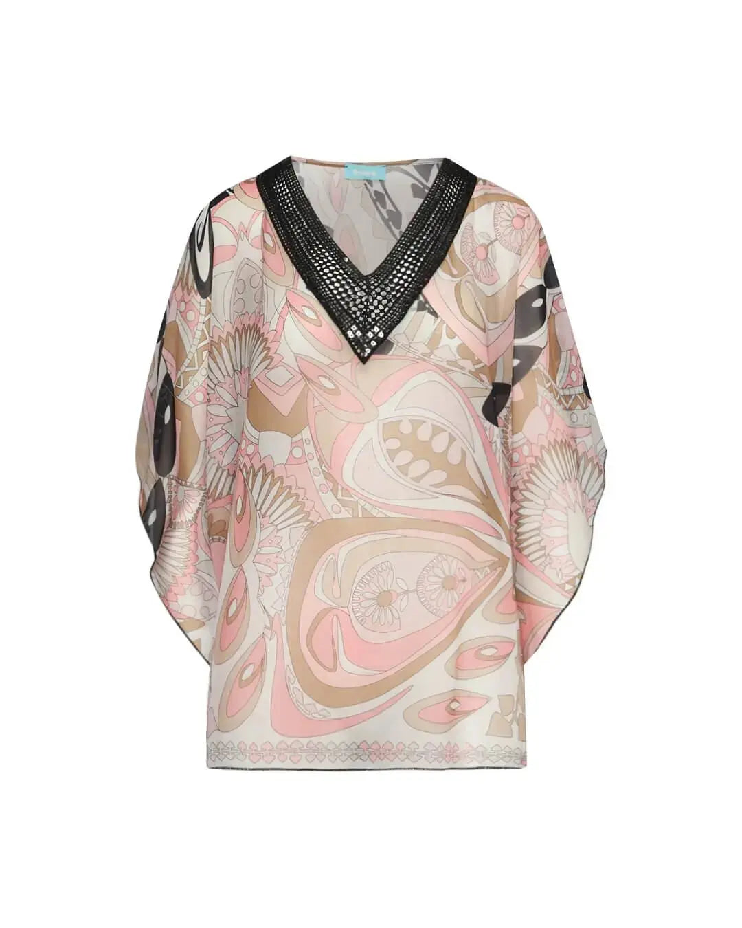 Casacca in georgette con fantasia multicolore e scollo a V in pizzo crochet con paillettes. ROSA DORABELLA
