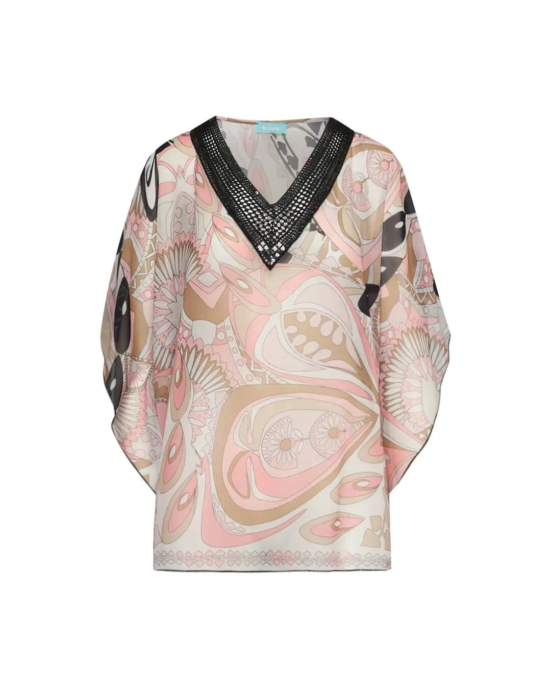 Casacca in georgette con fantasia multicolore e scollo a V in pizzo crochet con paillettes. ROSA DORABELLA