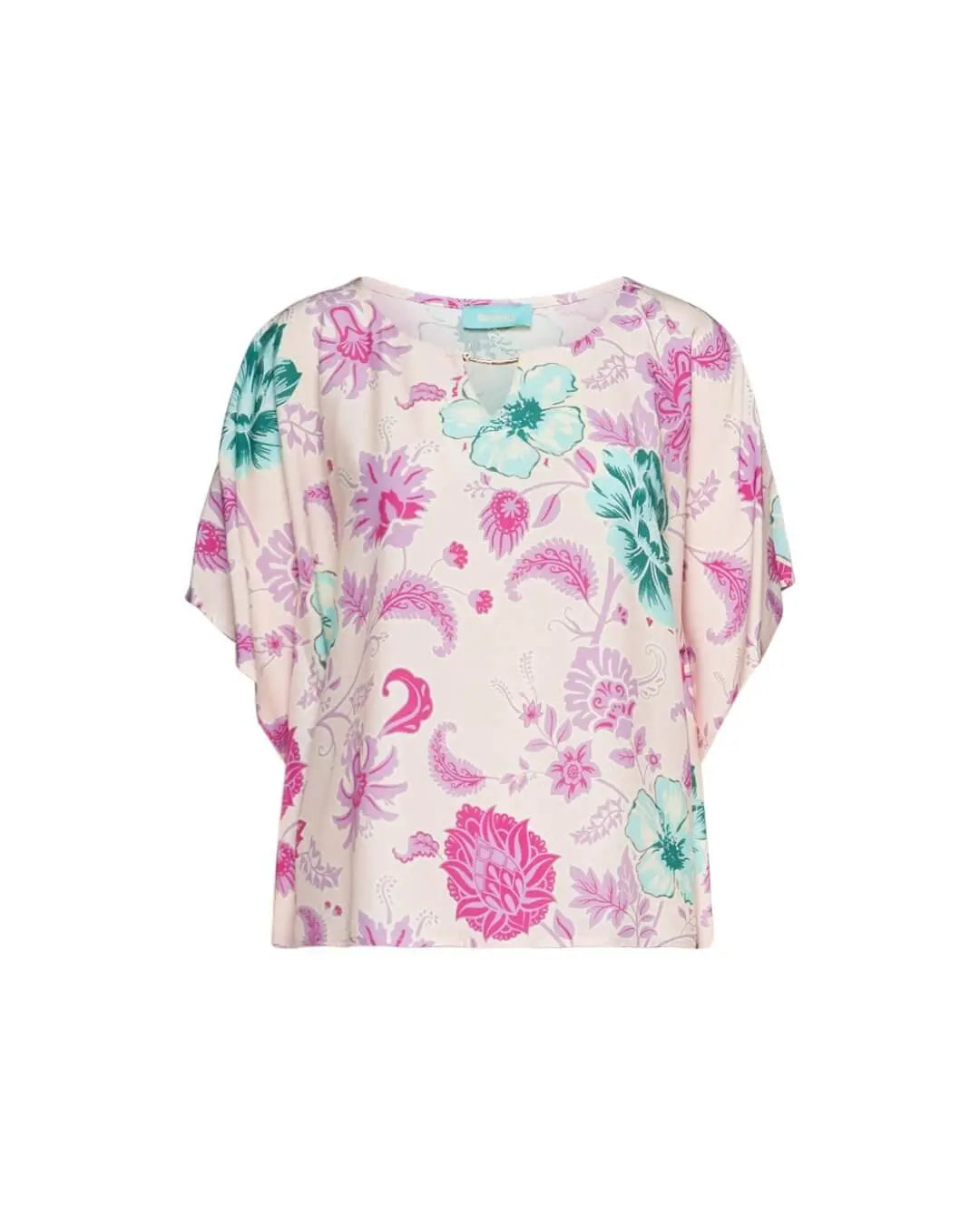 Casacca in viscosa con fantasia multicolore e dettaglio in metallo sullo scollo. CREMA DORABELLA