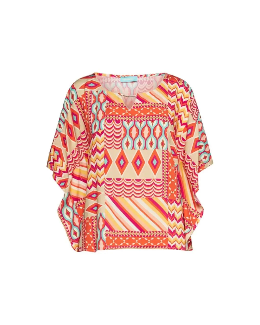 Casacca in viscosa con fantasia multicolore e dettaglio in metallo sullo scollo. ROSSO DORABELLA