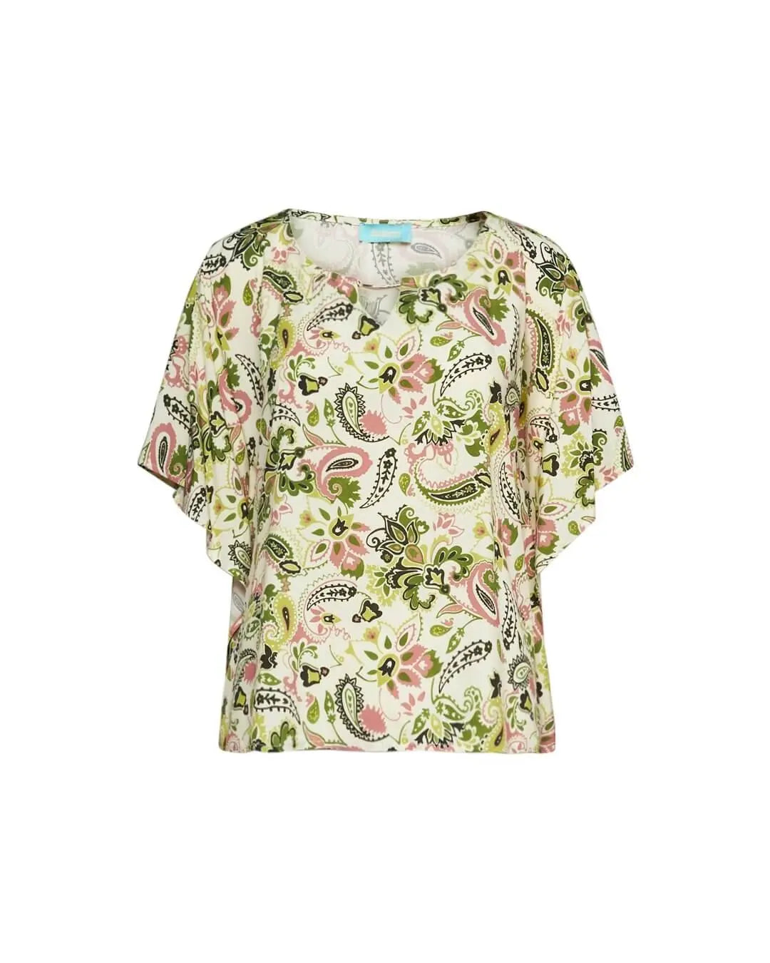 Casacca in viscosa con fantasia multicolore e dettaglio in metallo sullo scollo. VERDE DORABELLA