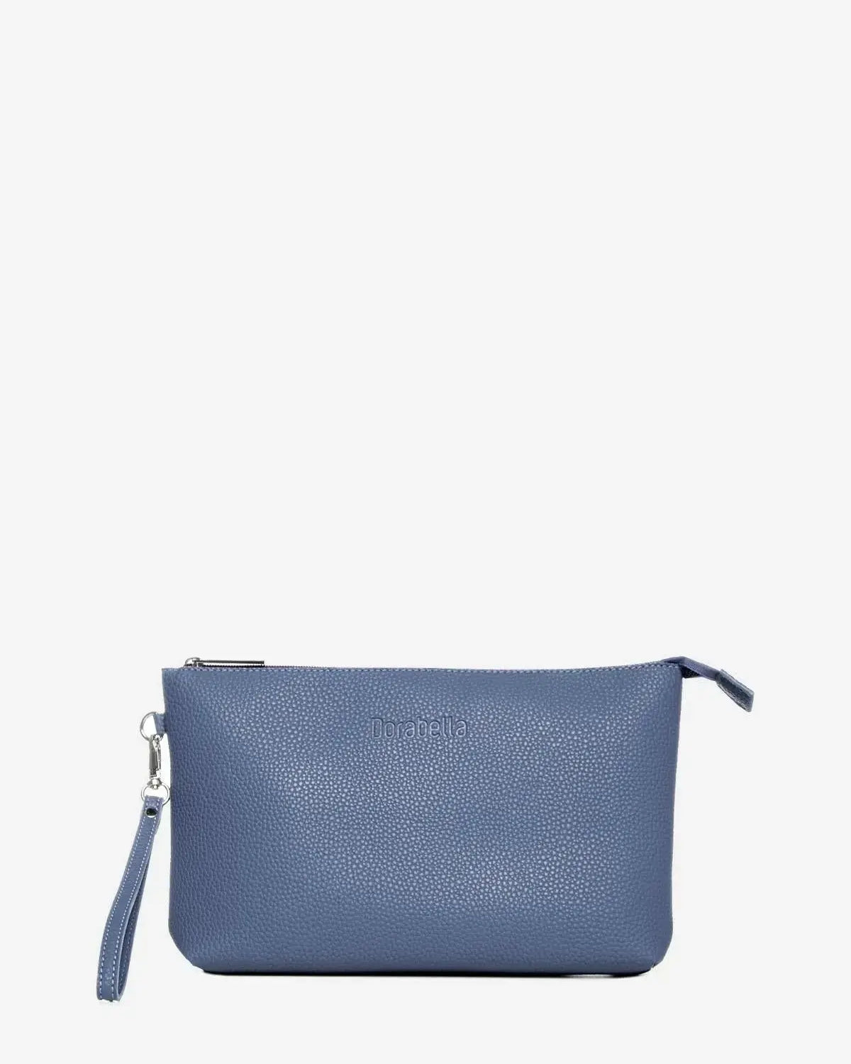 Clutch in ecopelle a grana con logo sul davanti e cinturino da polso BLU DORABELLA EASY