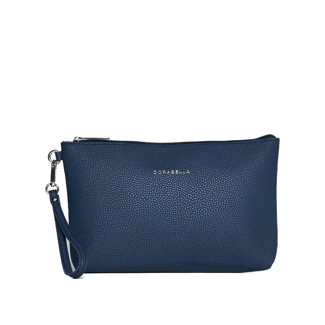 Clutch in ecopelle a grana con logo sul davanti e cinturino da polso BLU DORABELLA EASY