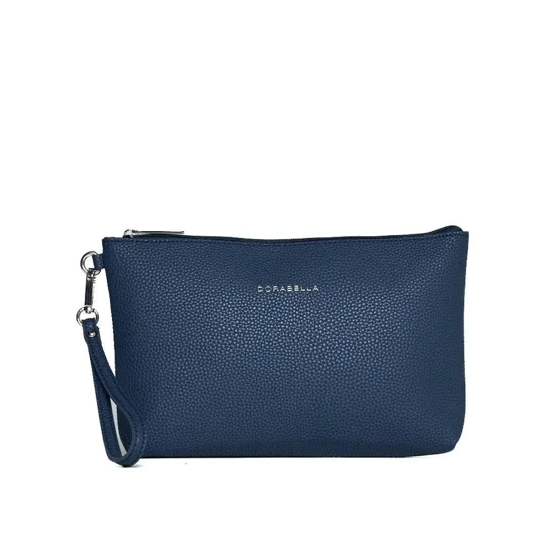 Clutch in ecopelle a grana con logo sul davanti e cinturino da polso BLU DORABELLA EASY