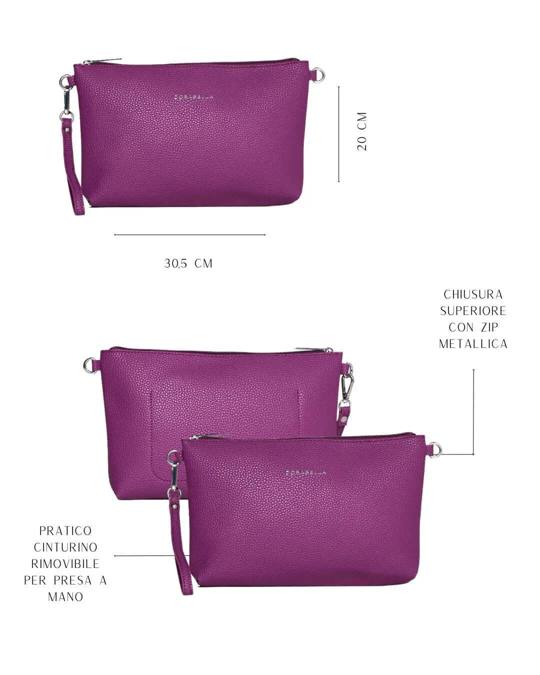 Clutch in ecopelle a grana con logo sul davanti e cinturino da polso SUMMER PURPLE DORABELLA EASY