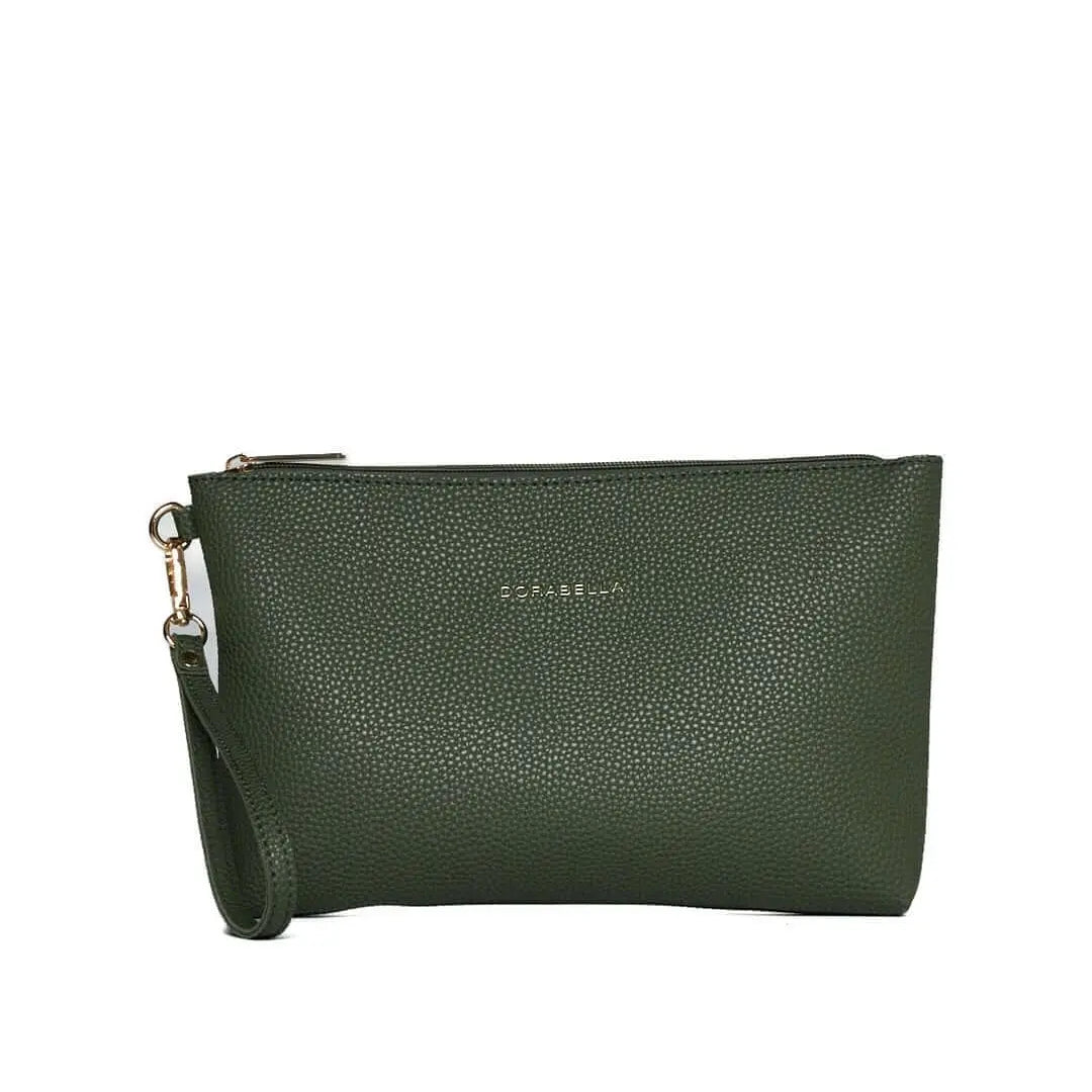 Clutch in ecopelle a grana con logo sul davanti e cinturino da polso VERDE MILITARE DORABELLA EASY Un
