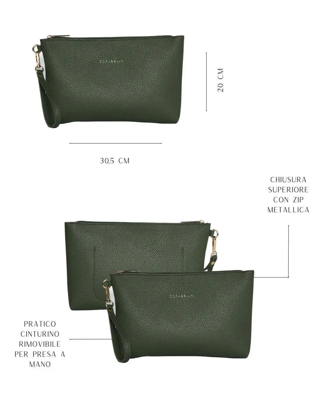 Clutch in ecopelle a grana con logo sul davanti e cinturino da polso VERDE MILITARE DORABELLA EASY