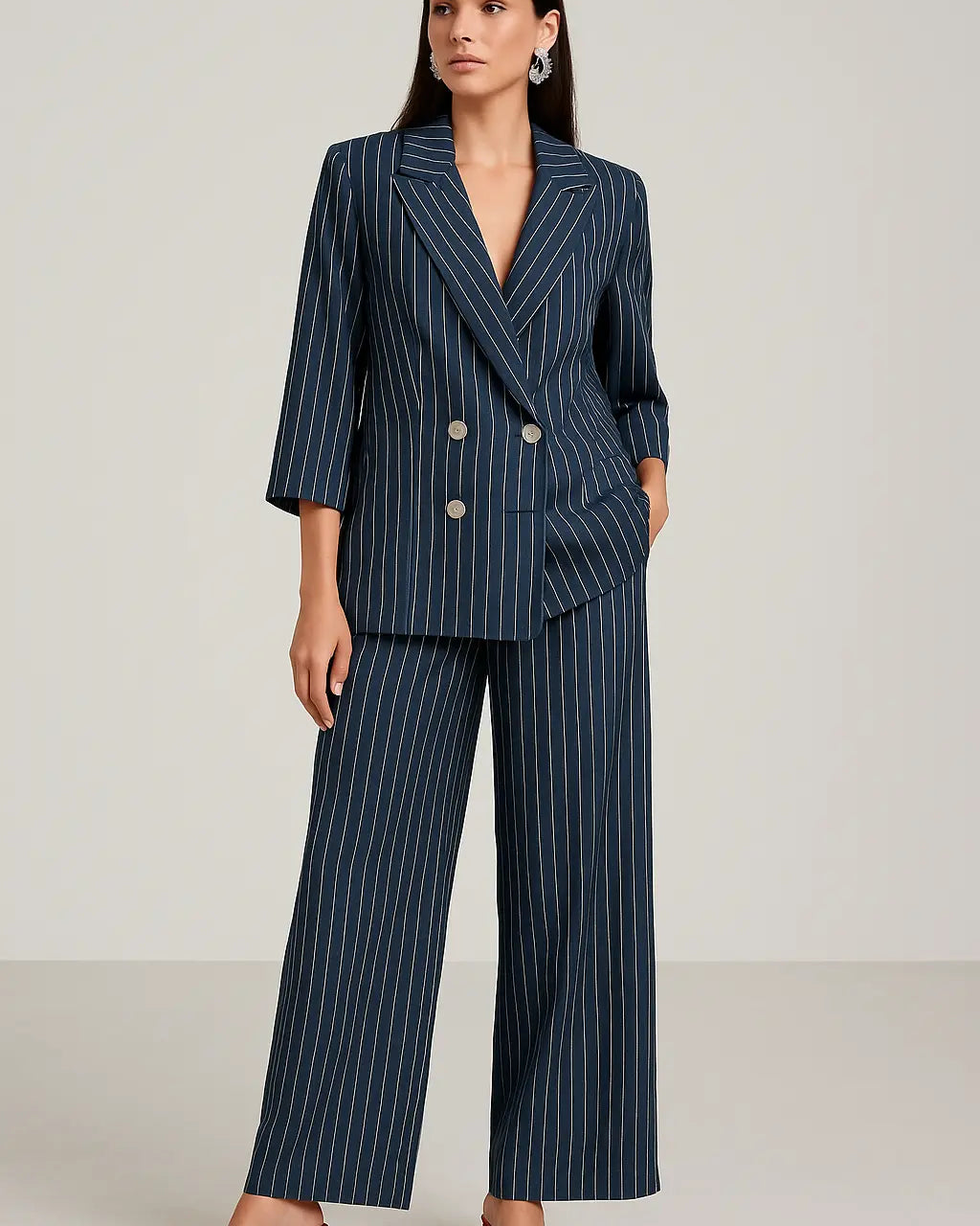 Completo Viscosa e Lino gessato con giacca oversize doppiopetto e pantapalazzo con pinces Unica by Dorabella