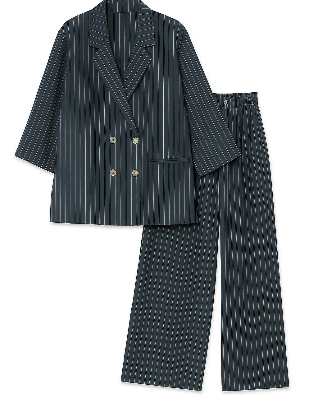 Completo Viscosa e Lino gessato con giacca oversize doppiopetto e pantapalazzo con pinces Unica by Dorabella Deep-Blue-Navy-Taglia-Unica-48-50-o-XL-XXL