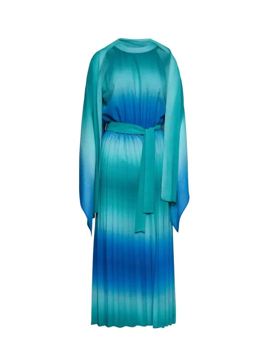Completo con abito midi in georgette fantasia sfumata con cintura in vita e stola in coordinato. VERDE DORABELLA