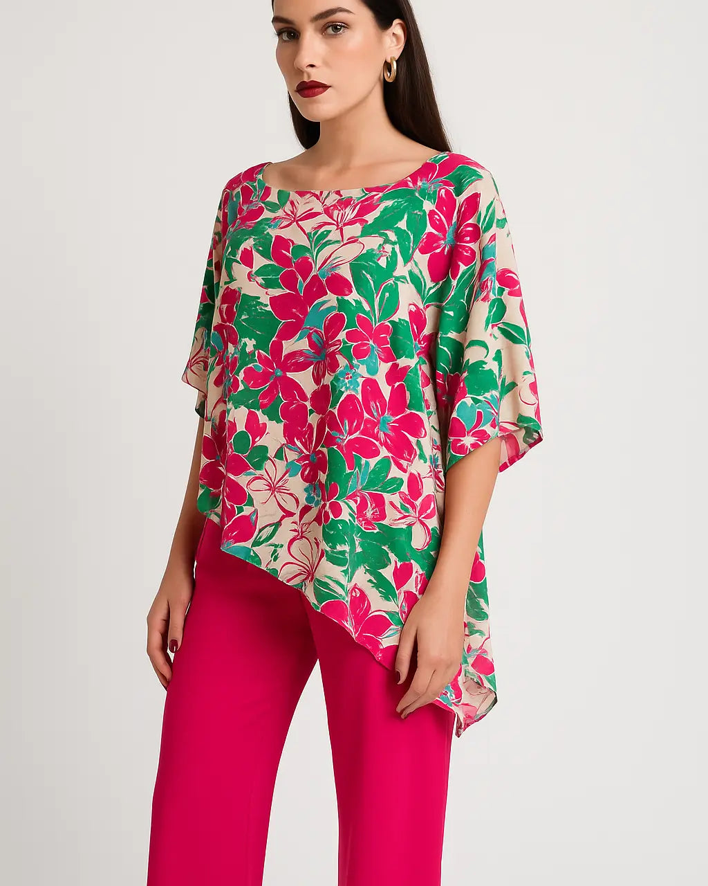 Completo con blusa asimmetrica stampata e pantaloni ampi stretch DORABELLA