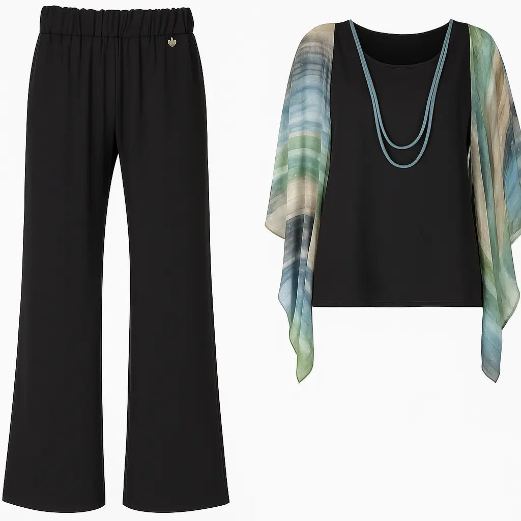 Completo con blusa con maniche volant stampate e pantaloni a gamba dritta DORABELLA