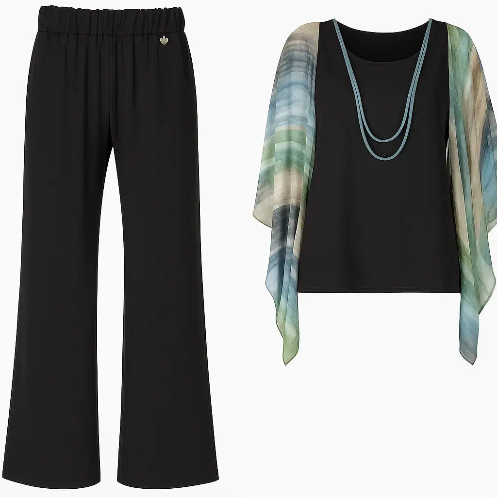 Completo con blusa con maniche volant stampate e pantaloni a gamba dritta DORABELLA