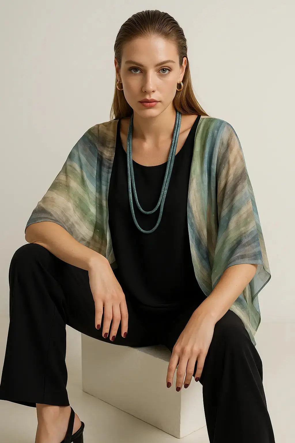 Completo con blusa con maniche volant stampate e pantaloni a gamba dritta DORABELLA