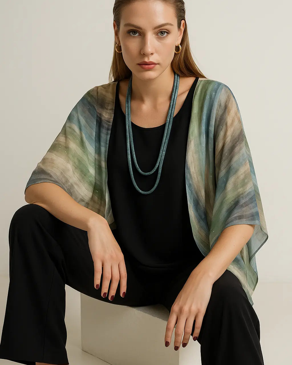 Completo con blusa con maniche volant stampate e pantaloni a gamba dritta DORABELLA