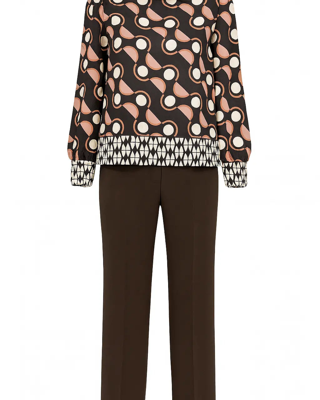 Completo con blusa girocollo fantasia e pantalone in tinta unita DORABELLA