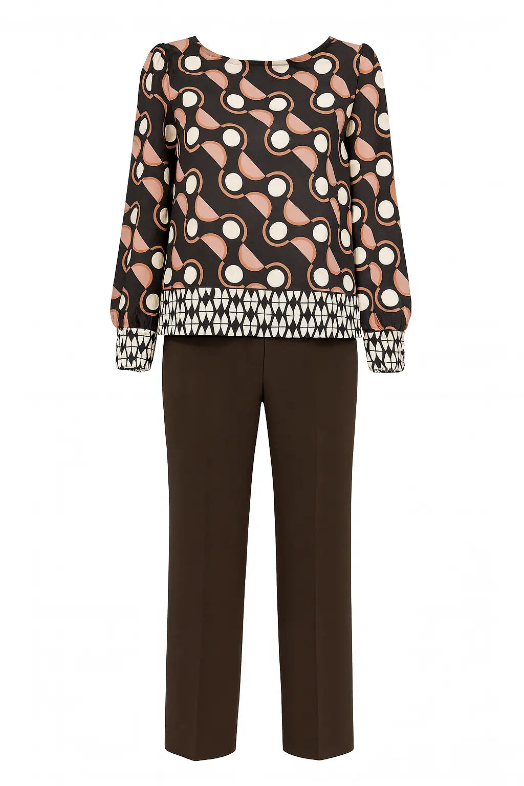 Completo con blusa girocollo fantasia e pantalone in tinta unita DORABELLA