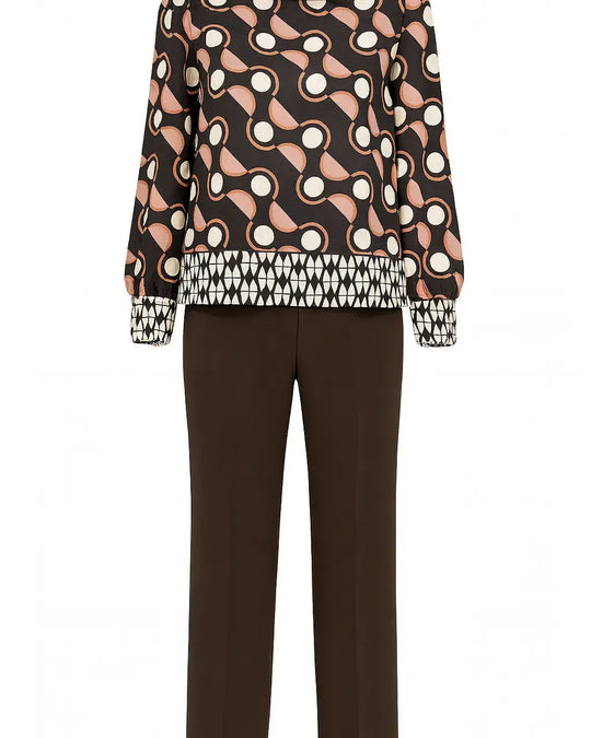 Completo con blusa girocollo fantasia e pantalone in tinta unita DORABELLA