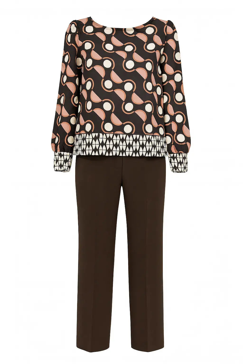 Completo con blusa girocollo fantasia e pantalone in tinta unita DORABELLA