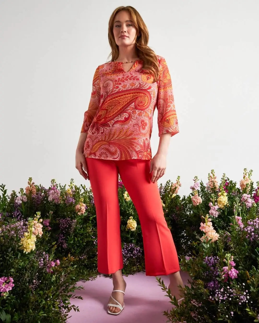 Completo con blusa in georgette con fantasia cashmere e pantalone in cady tinta unita PAPAVERO DORABELLA XXL